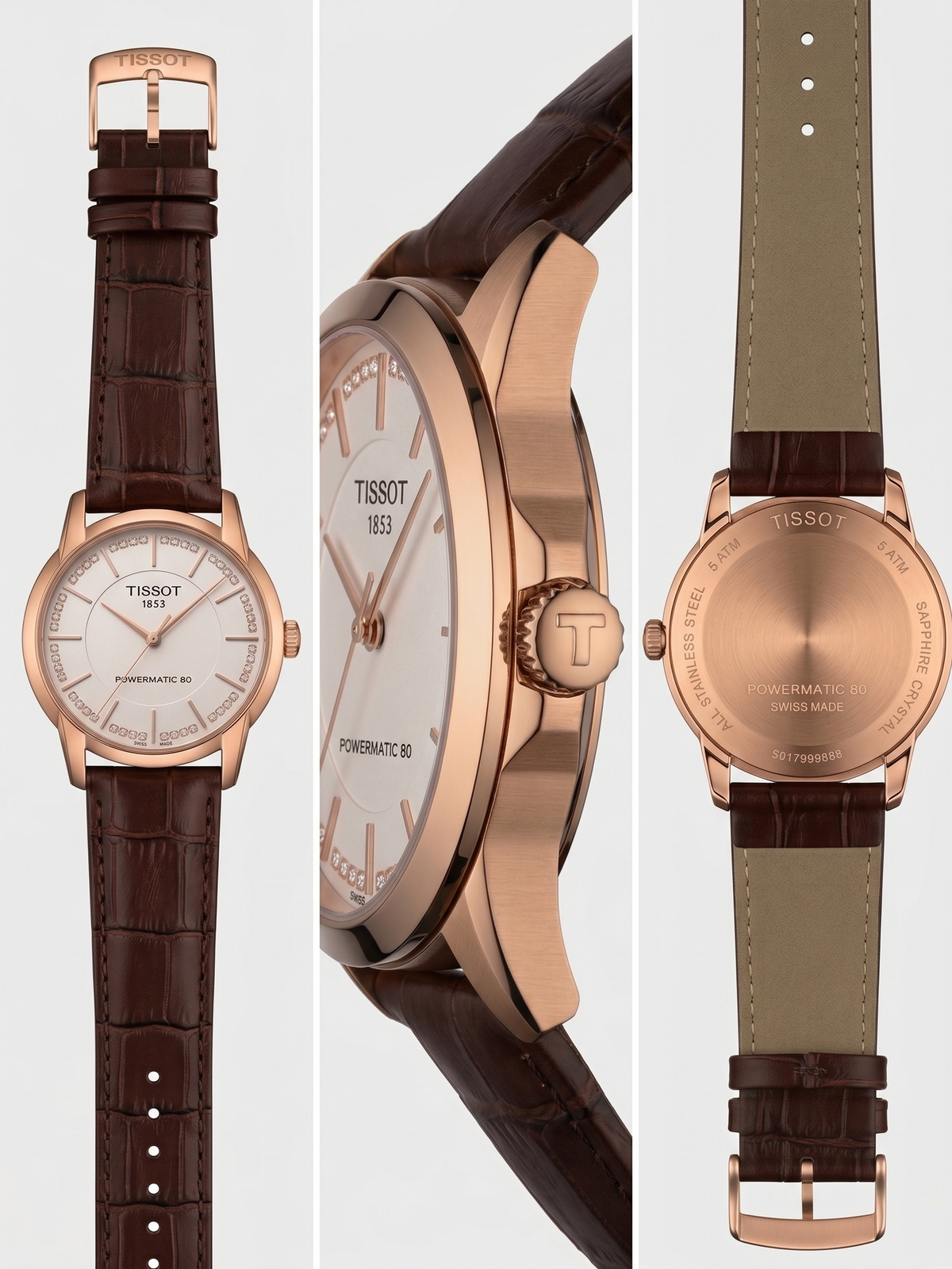 Tissot 1853 Diamond Dial Watch – Rose Gold Case, White Dial & Brown Leather Strap