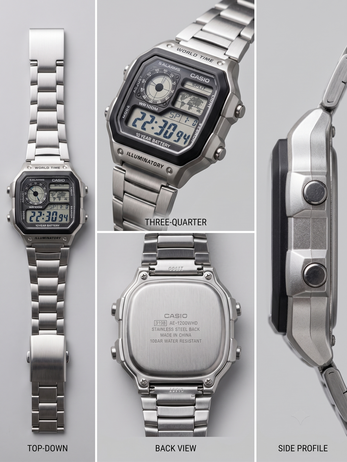 Casio AE-1200WHD-1AV World Time Digital Watch (Silver Stainless Steel)