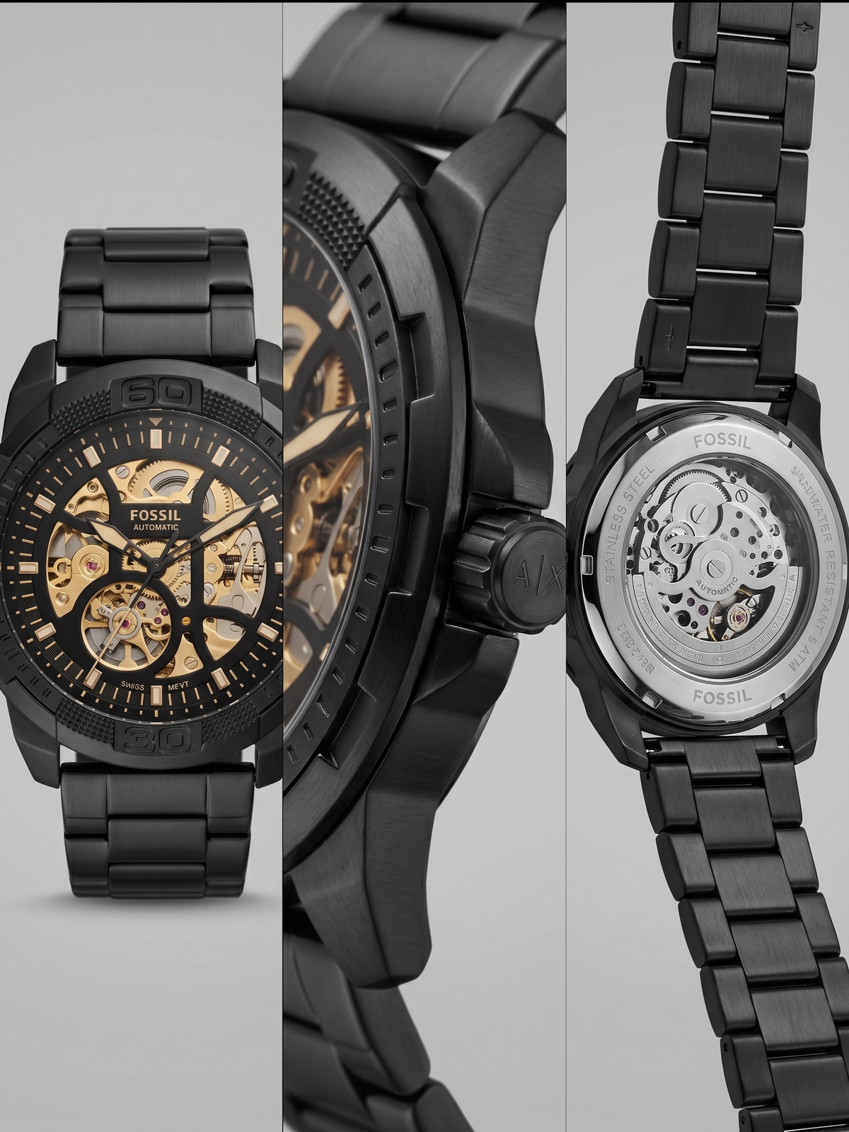 Fossil Men's Skeleton Automatic Watch – Matte Black Stainless Steel Bracelet & Gold Dial