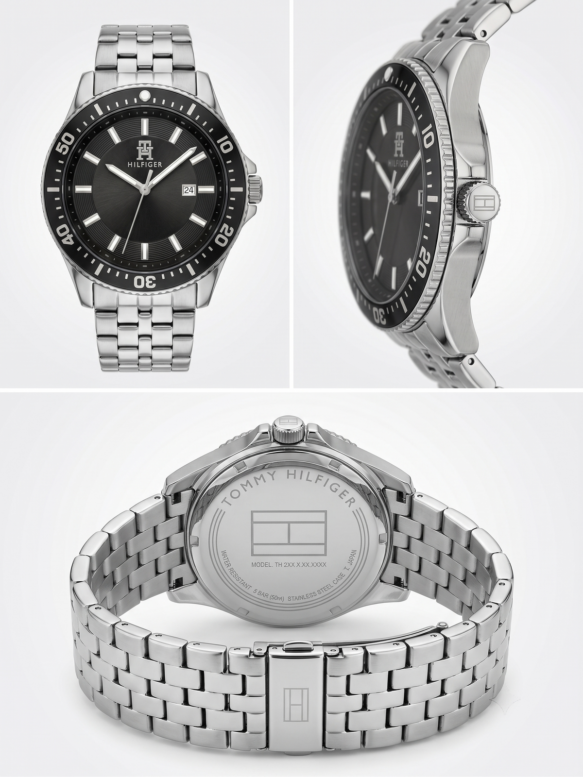 Tommy Hilfiger Men's Diver Watch – Black Textured Dial & Silver Steel Bracelet