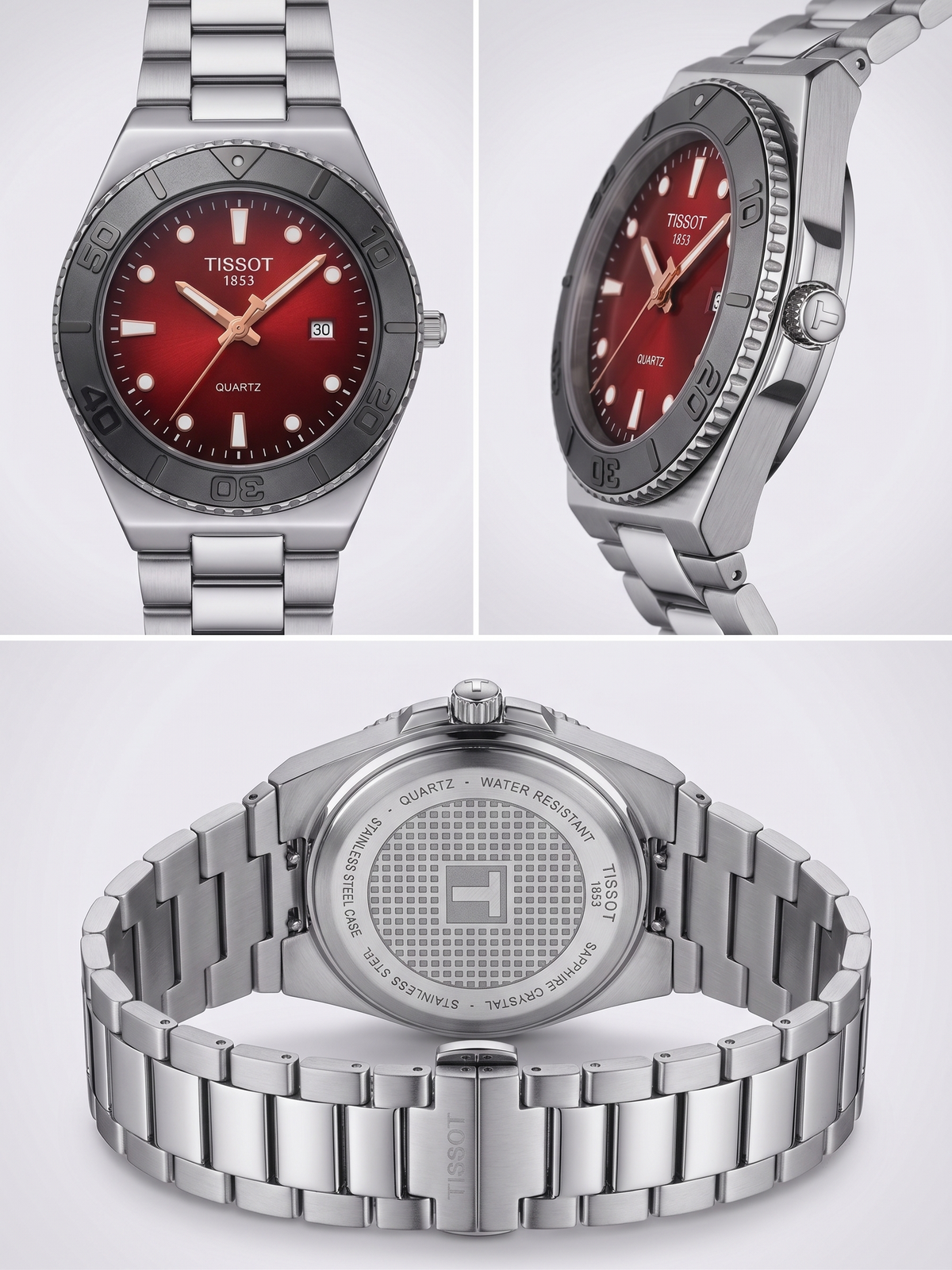 Tissot 1853 Men's Quartz Diver Watch – Crimson Red Sunray Dial & Silver Steel