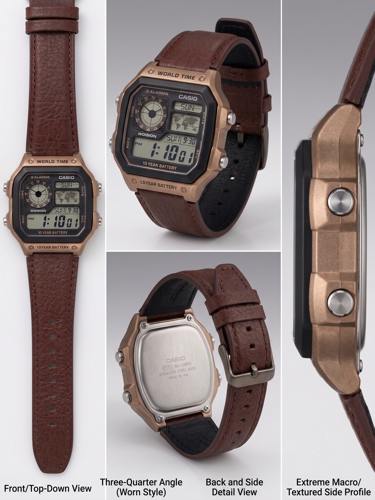 Casio AE-1200WH World Time Digital Watch (Bronze Tone / Brown Leather Strap)