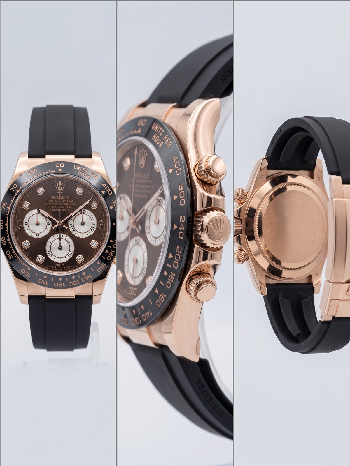 Luxury Rose Gold Chronograph Watch – Diamond Index Chocolate Dial & Black Silicone Band