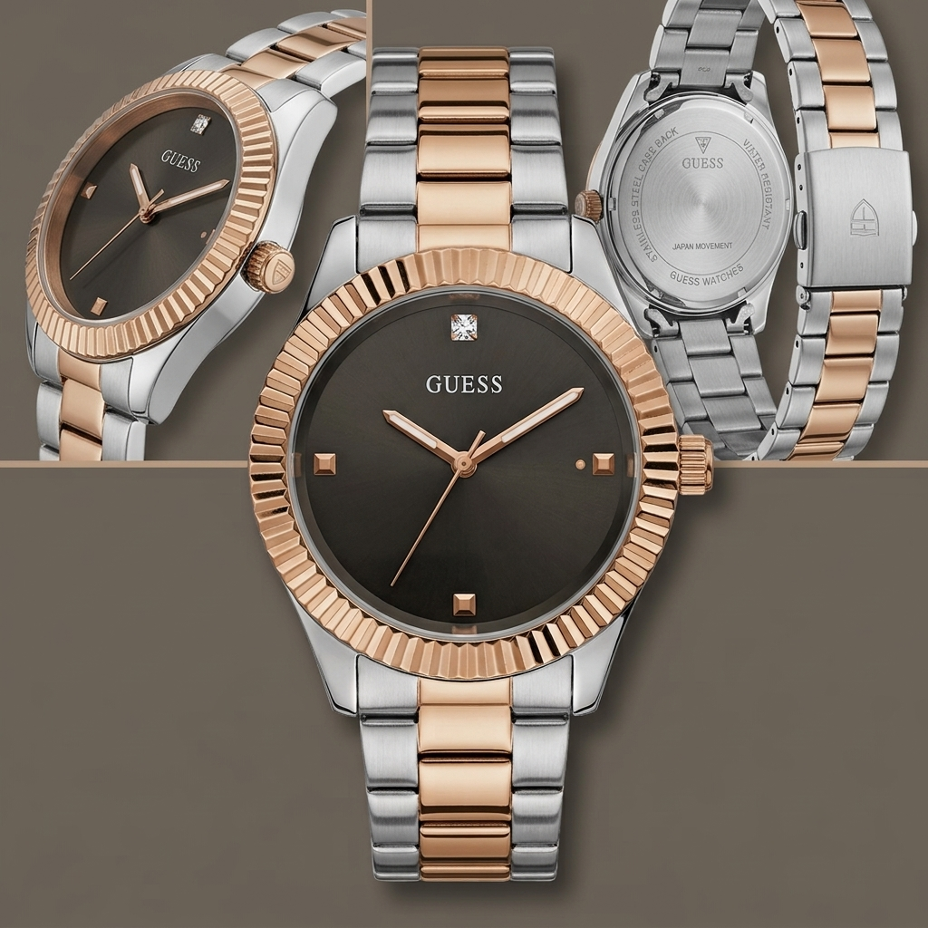 GUESS by Marciano Two-Tone Fluted Bezel Watch – Minimalist Charcoal Dial with Diamond Marker
