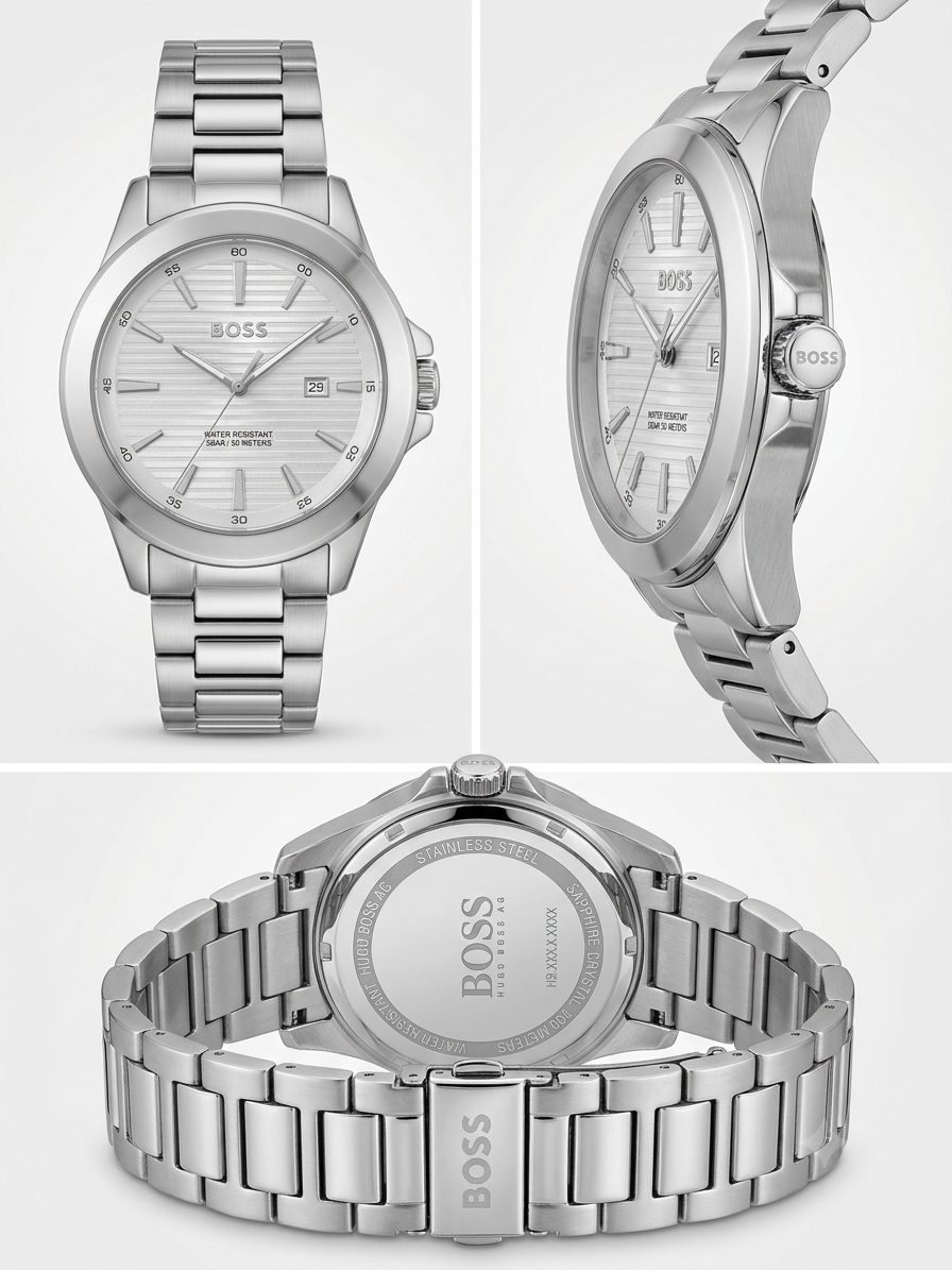 Hugo Boss Men's Stainless Steel Watch – Textured Silver Dial & Date Window