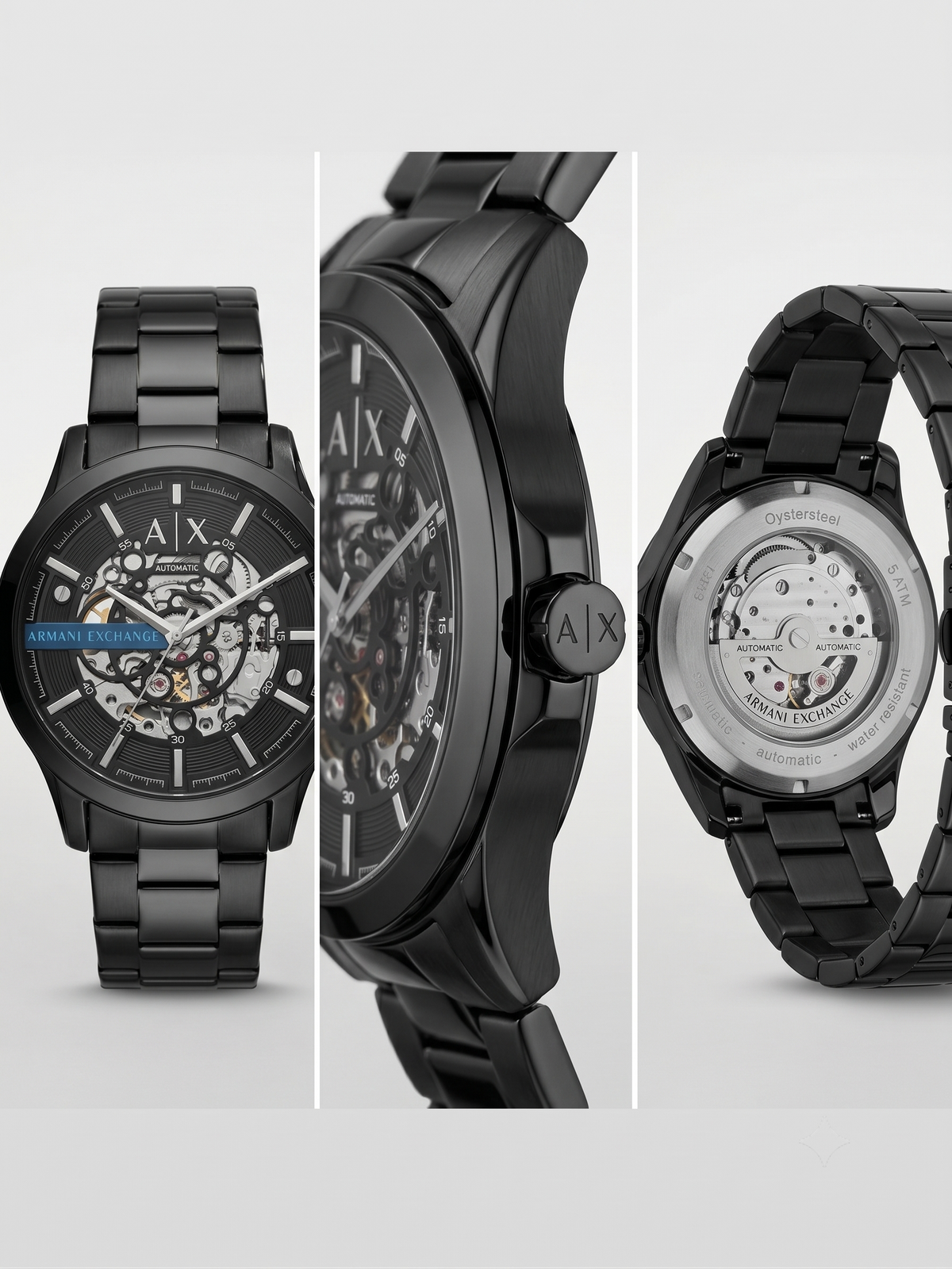 Armani Exchange Men's Skeleton Automatic Watch – All-Black Stainless Steel Bracelet