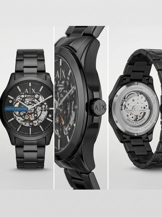Armani Exchange Men's Skeleton Automatic Watch – All-Black Stainless Steel Bracelet