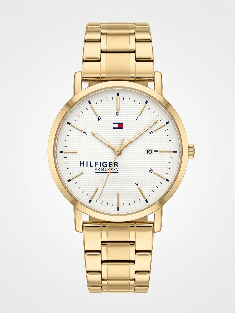 Tommy Hilfiger Yellow Gold-Tone Link Watch – White Roman Dial