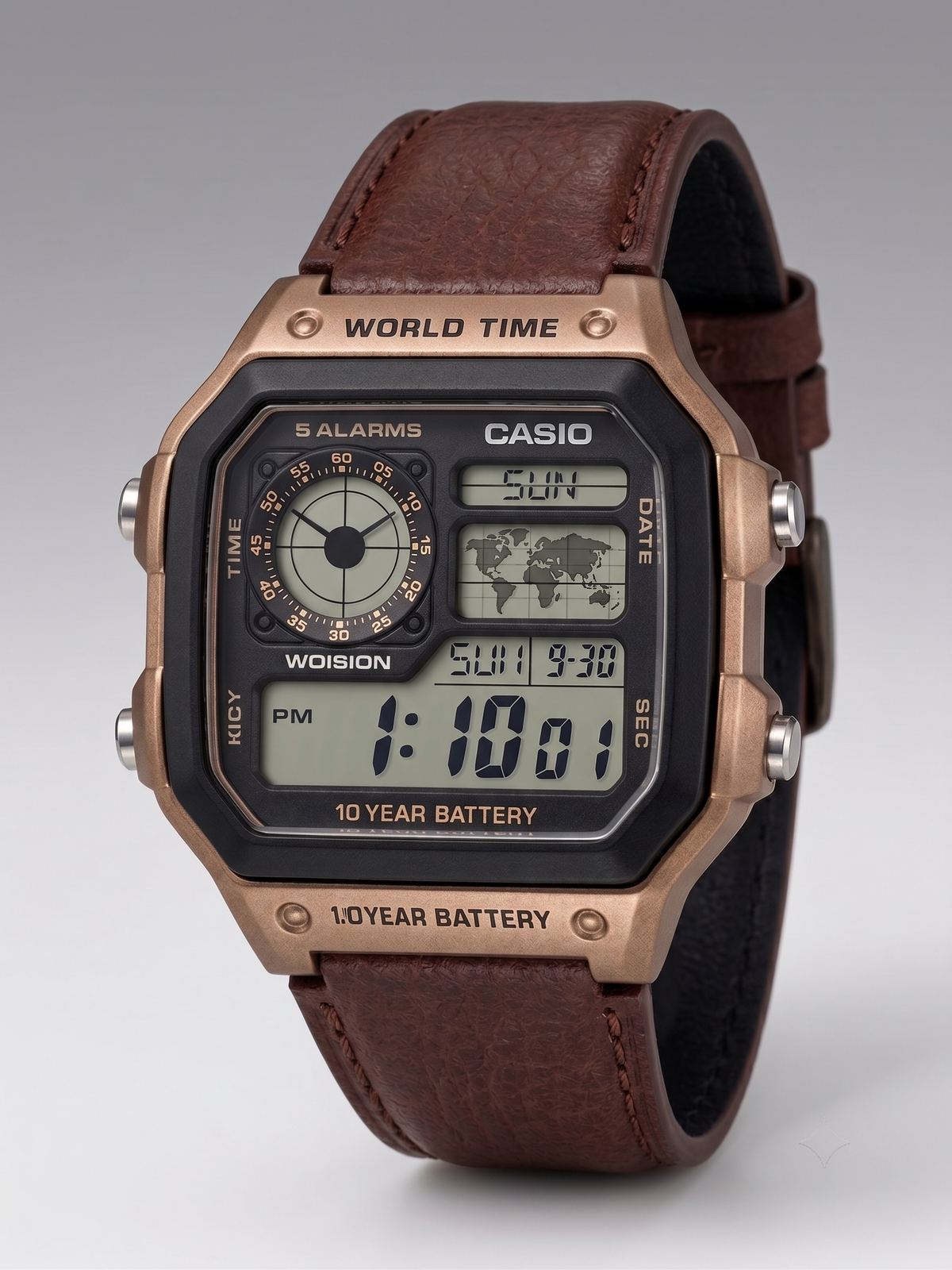 Casio AE-1200WH World Time Digital Watch (Bronze Tone / Brown Leather Strap)