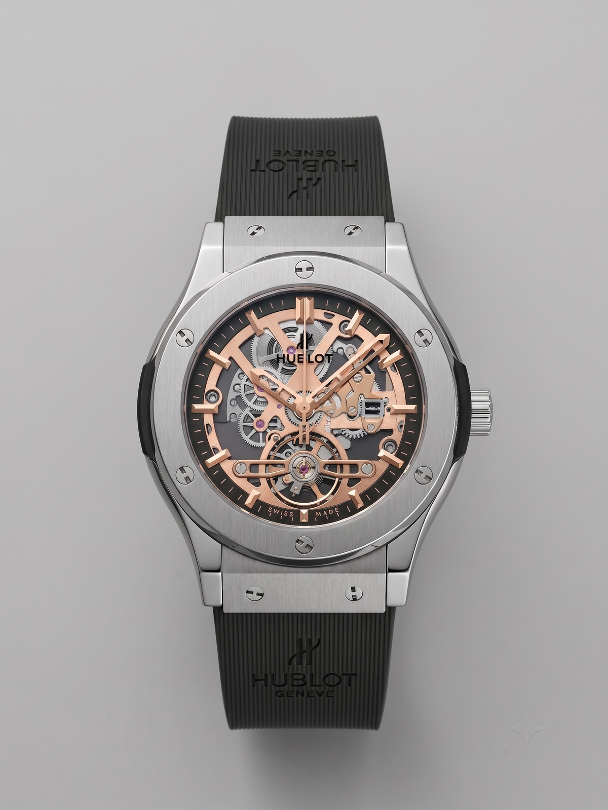 Hublot Classic Fusion Aerofusion Style Skeleton Quartz Watch (Rose Gold / Black Rubber Strap)