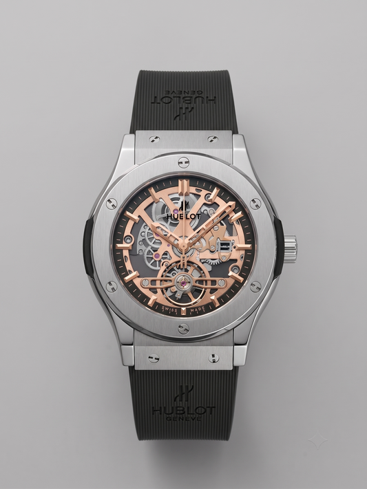 Hublot Classic Fusion Aerofusion Style Skeleton Quartz Watch (Rose Gold / Black Rubber Strap)