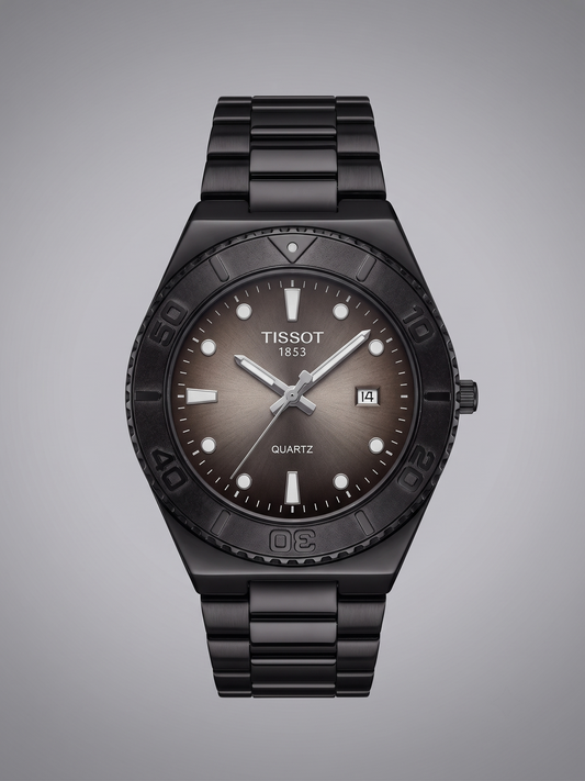 Tissot 1853 Men's Quartz Diver Watch – Smoked Sunburst Dial & Matte Black Steel