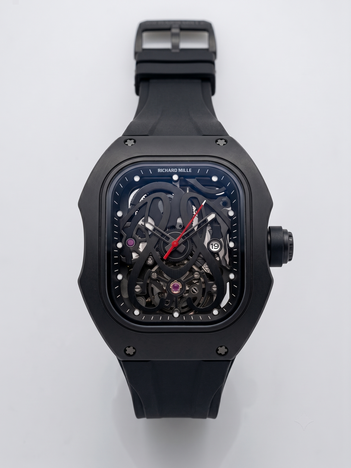 Richard Mille Inspired Black Carbon Skeleton Dial Watch with Exhibition Case Back
