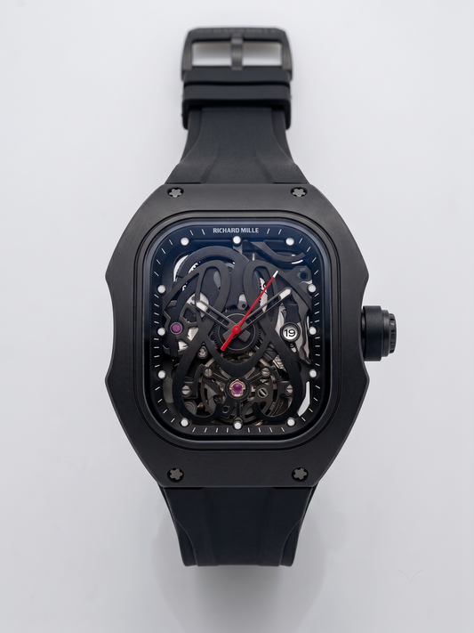 Richard Mille Inspired Black Carbon Skeleton Dial Watch with Exhibition Case Back