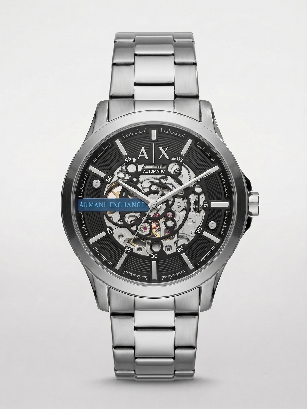 Armani Exchange Classic Automatic Watch – Brushed Silver Steel & Exhibition Dial