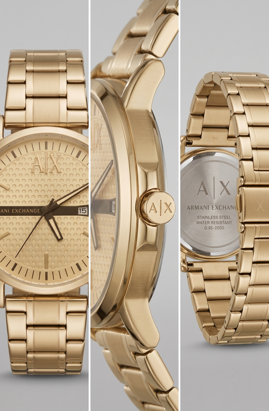 Armani Exchange Men's Quartz Watch – Textured Gold Dial & Yellow Gold Steel Bracelet