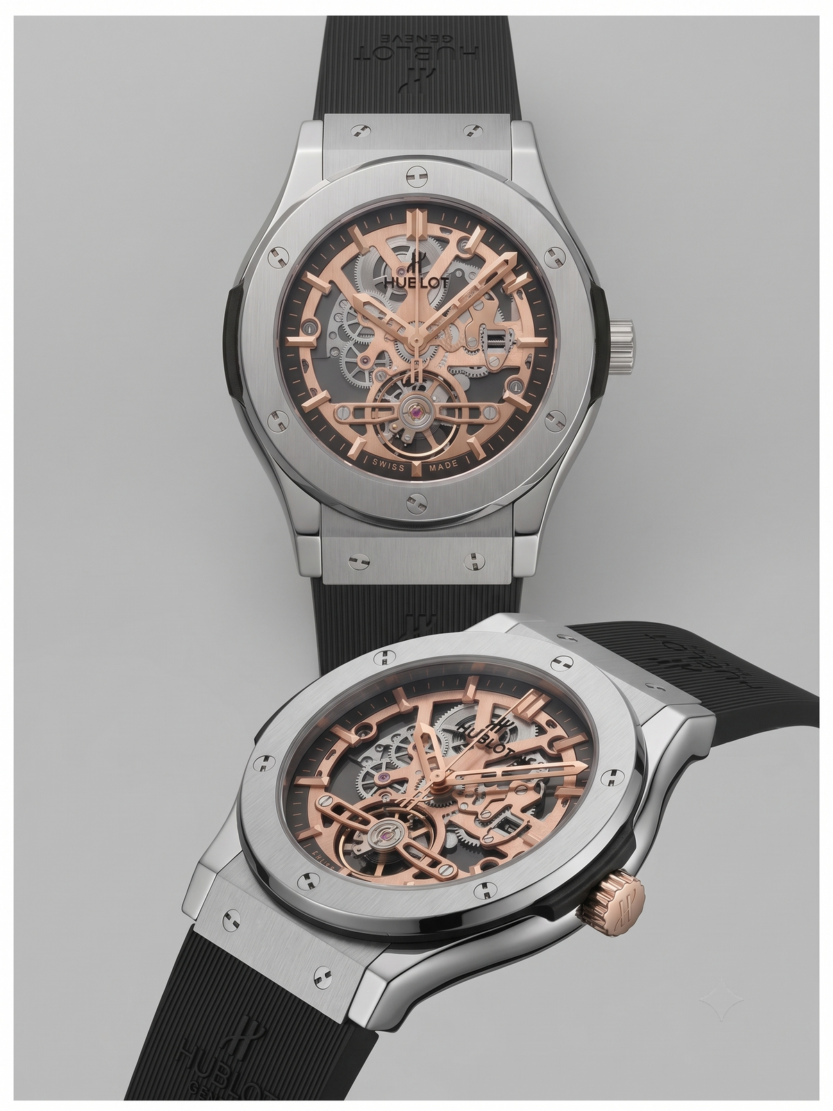 Hublot Classic Fusion Aerofusion Style Skeleton Quartz Watch (Rose Gold / Black Rubber Strap)