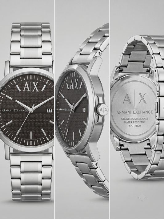 Armani Exchange Men's Quartz Watch – Textured Black Dial & Stainless Steel Bracelet