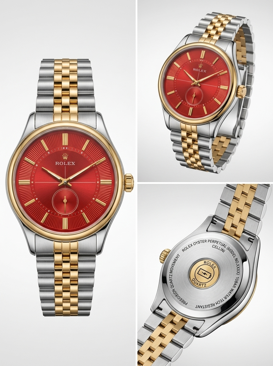 Rolex Cellini Men's Quartz Watch – Red Concentric Dial Two-Tone Steel