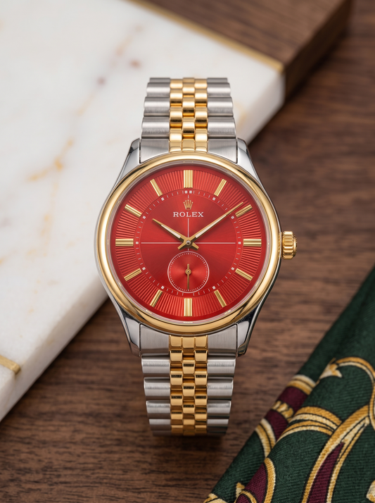 Rolex Cellini Men's Quartz Watch – Red Concentric Dial Two-Tone Steel