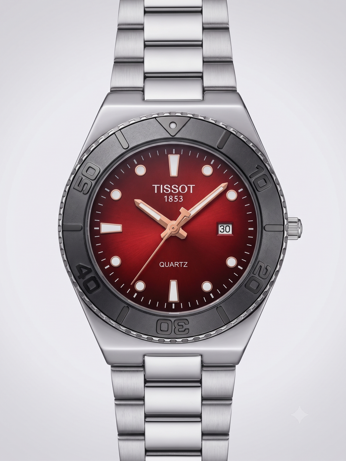 Tissot 1853 Men's Quartz Diver Watch – Crimson Red Sunray Dial & Silver Steel