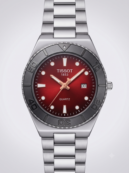 Tissot 1853 Men's Quartz Diver Watch – Crimson Red Sunray Dial & Silver Steel