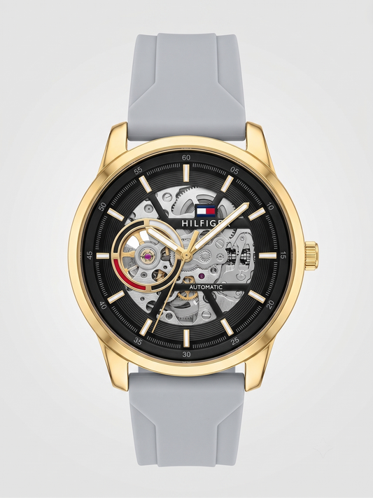 Tommy Hilfiger Open-Heart Automatic Watch – Gold & Grey Edition