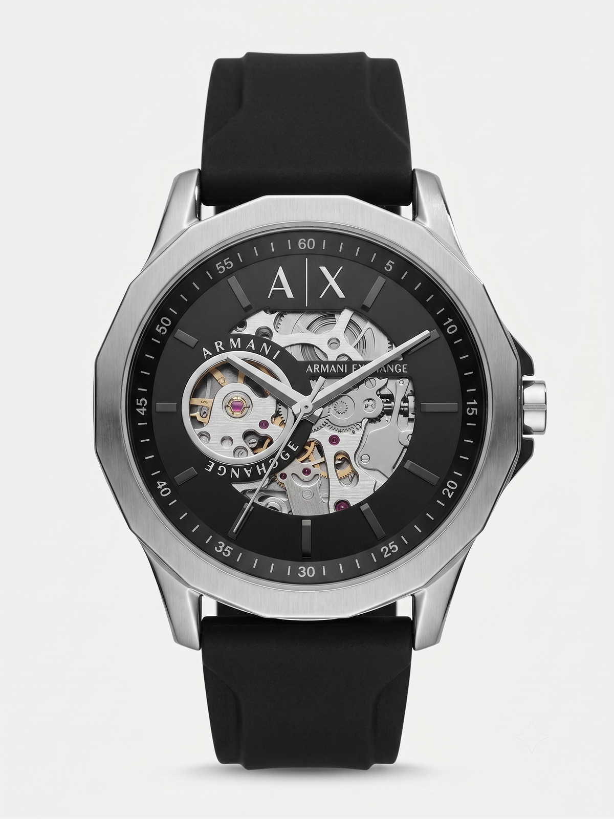 Armani Exchange Open-Heart Automatic Watch – Industrial Silver & Black Edition