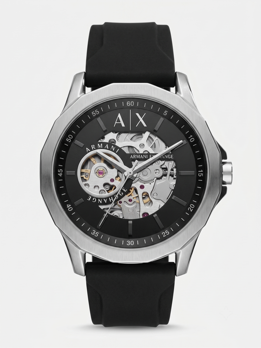 Armani Exchange Open-Heart Automatic Watch – Industrial Silver & Black Edition