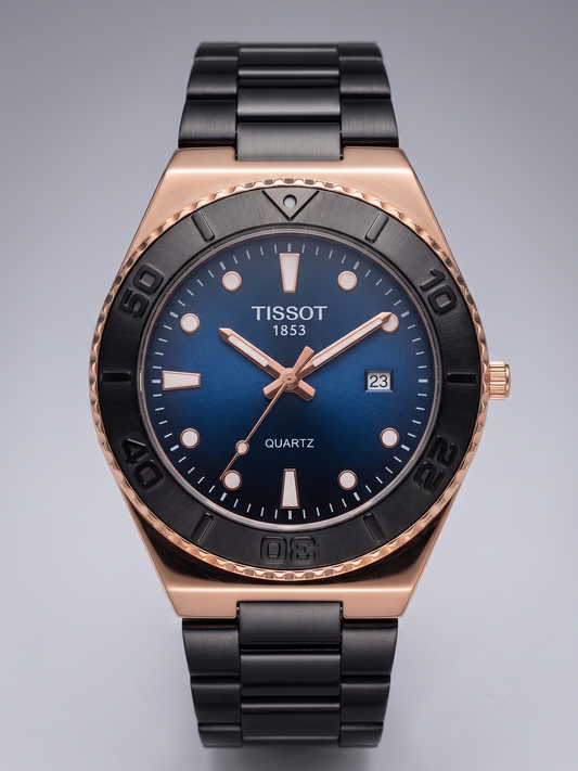 Tissot 1853 Men's Quartz Diver Watch – Sunray Blue Dial & Rose Gold Case