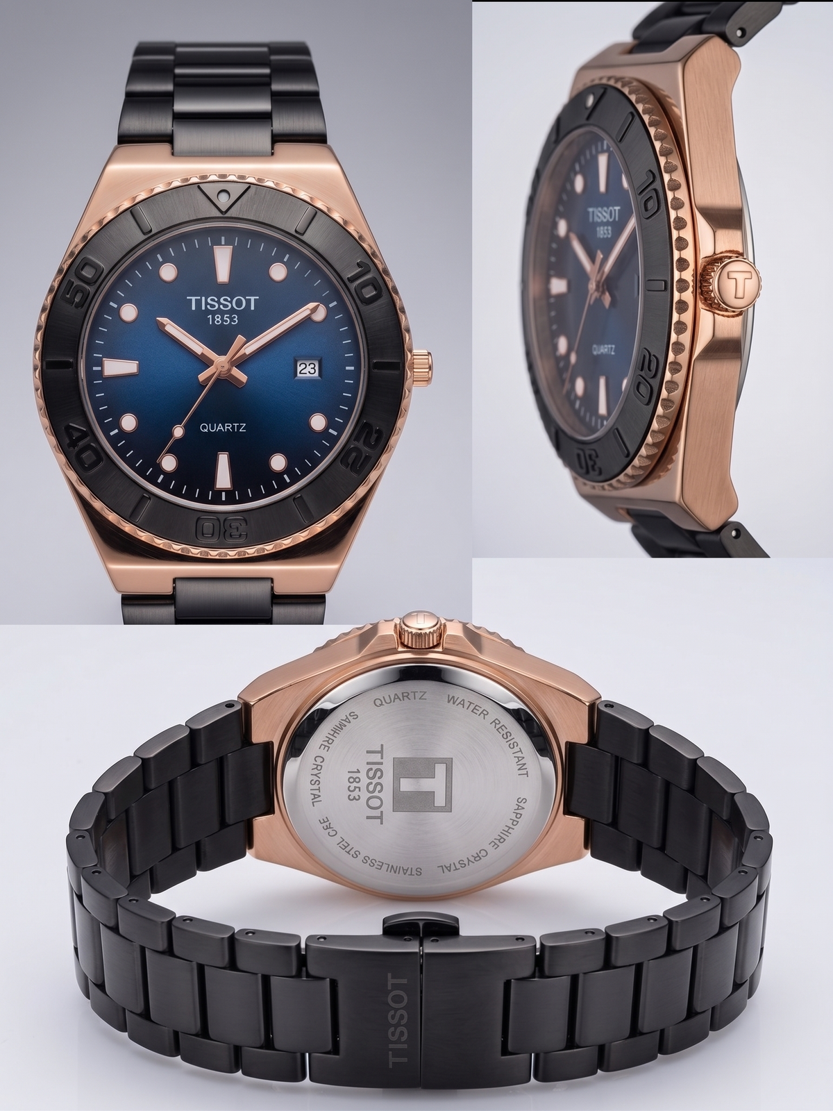 Tissot 1853 Men's Quartz Diver Watch – Sunray Blue Dial & Rose Gold Case
