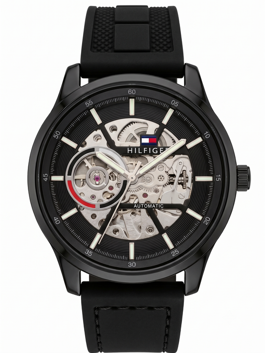 Tommy Hilfiger Open-Heart Automatic Watch – All-Black Sport Edition