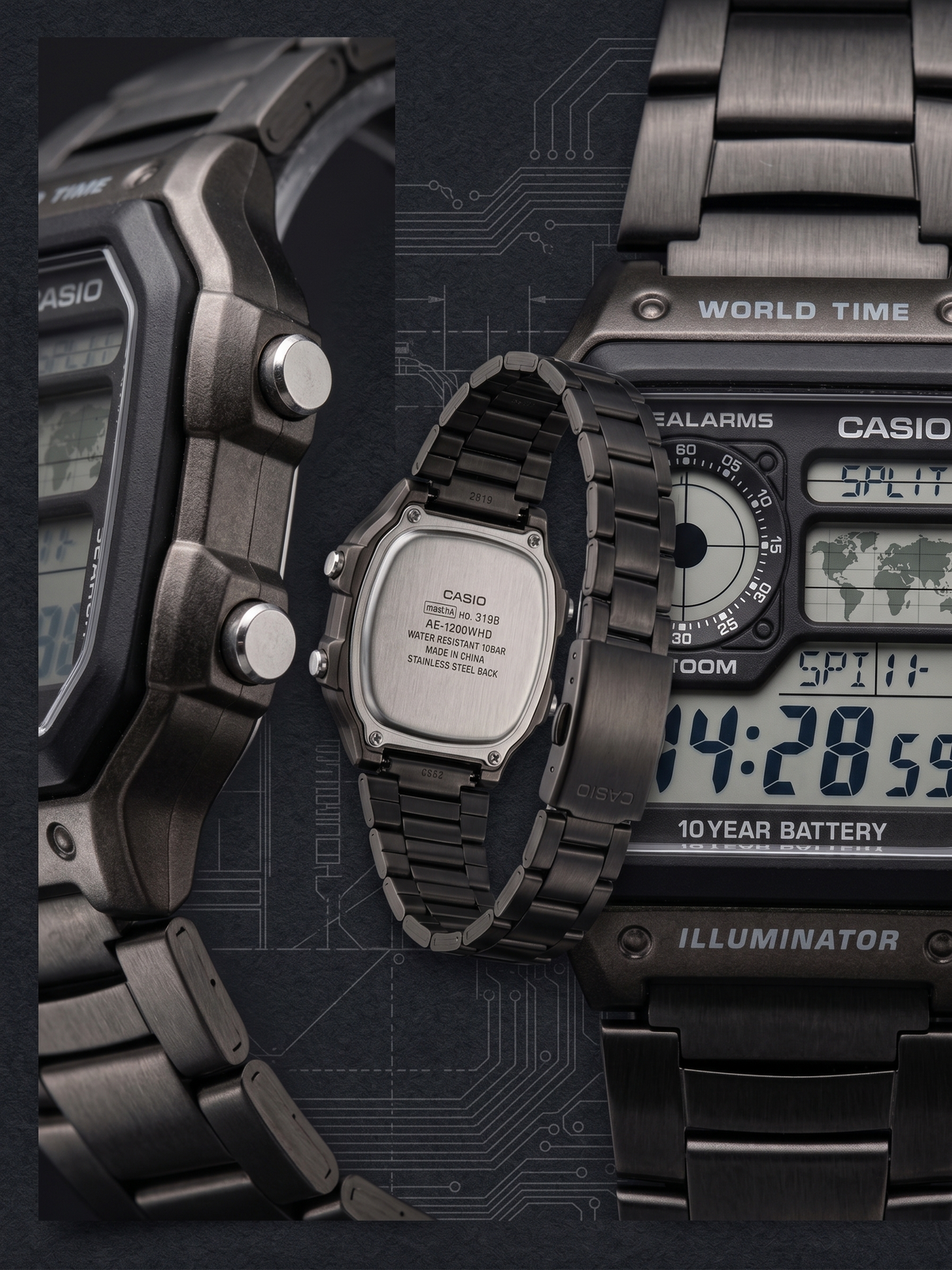 Casio AE-1200WHD "Casio Royale" World Time Digital Watch (Matte Gunmetal / Black Stainless Steel Chain)
