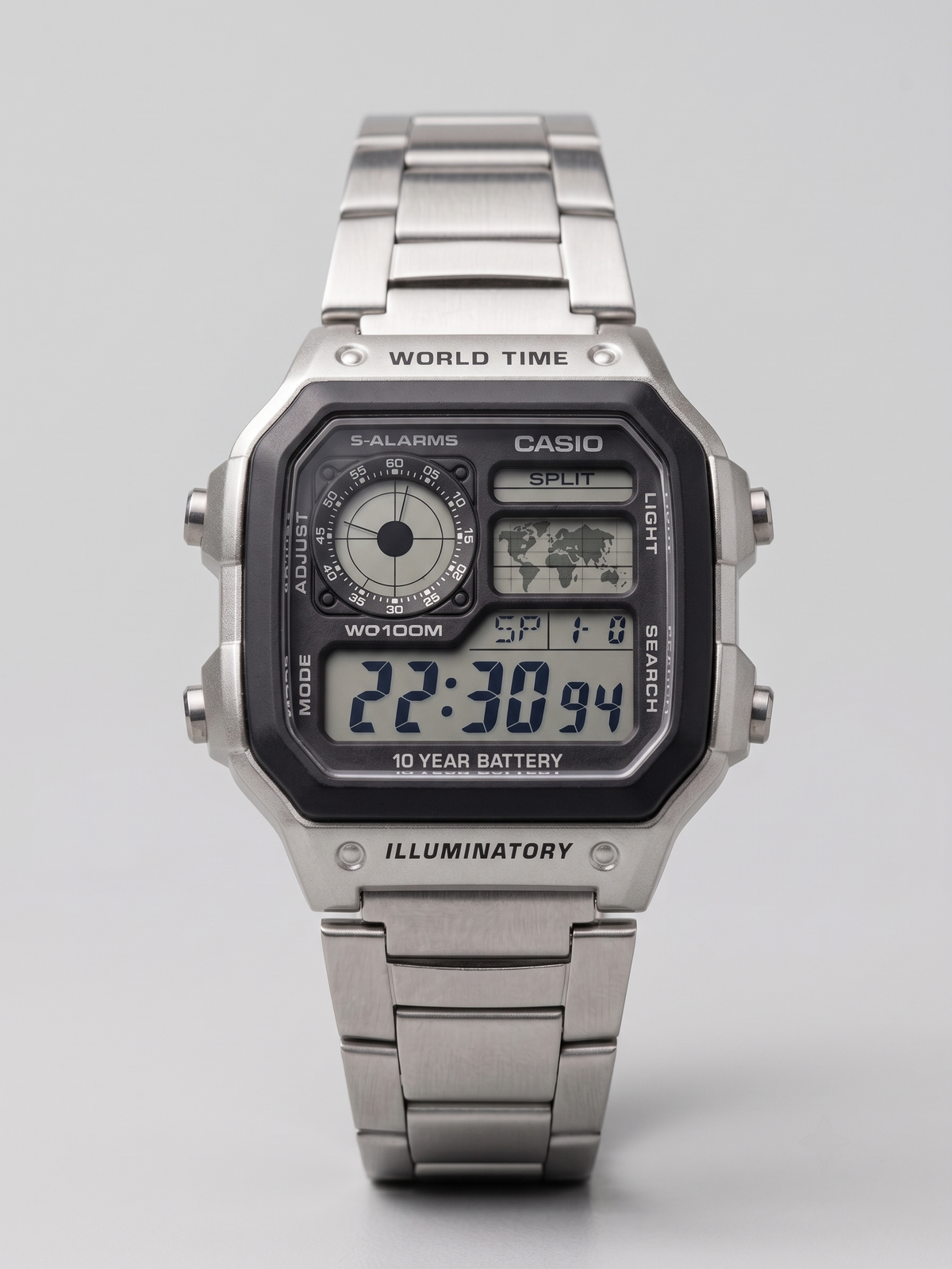 Casio AE-1200WHD-1AV World Time Digital Watch (Silver Stainless Steel)