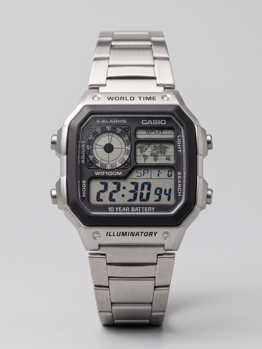 Casio AE-1200WHD-1AV World Time Digital Watch (Silver Stainless Steel)
