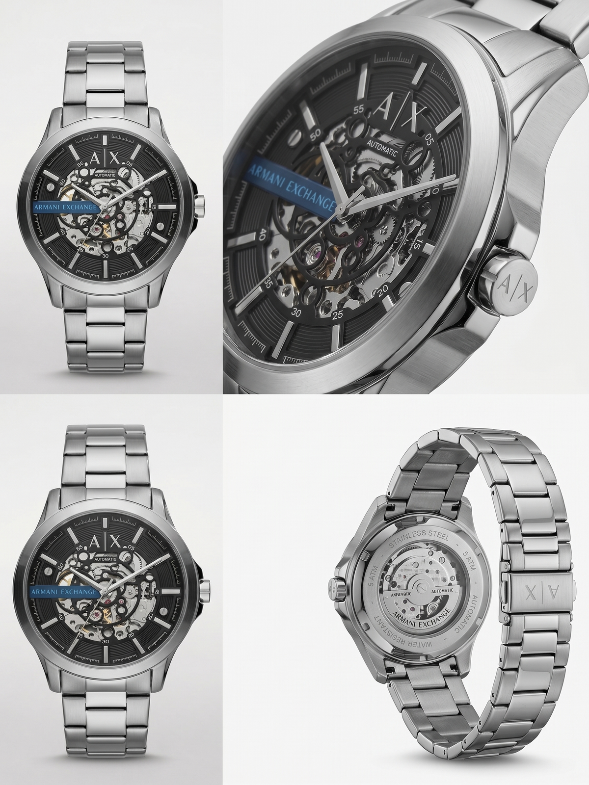 Armani Exchange Classic Automatic Watch – Brushed Silver Steel & Exhibition Dial