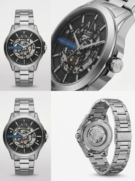 Armani Exchange Classic Automatic Watch – Brushed Silver Steel & Exhibition Dial