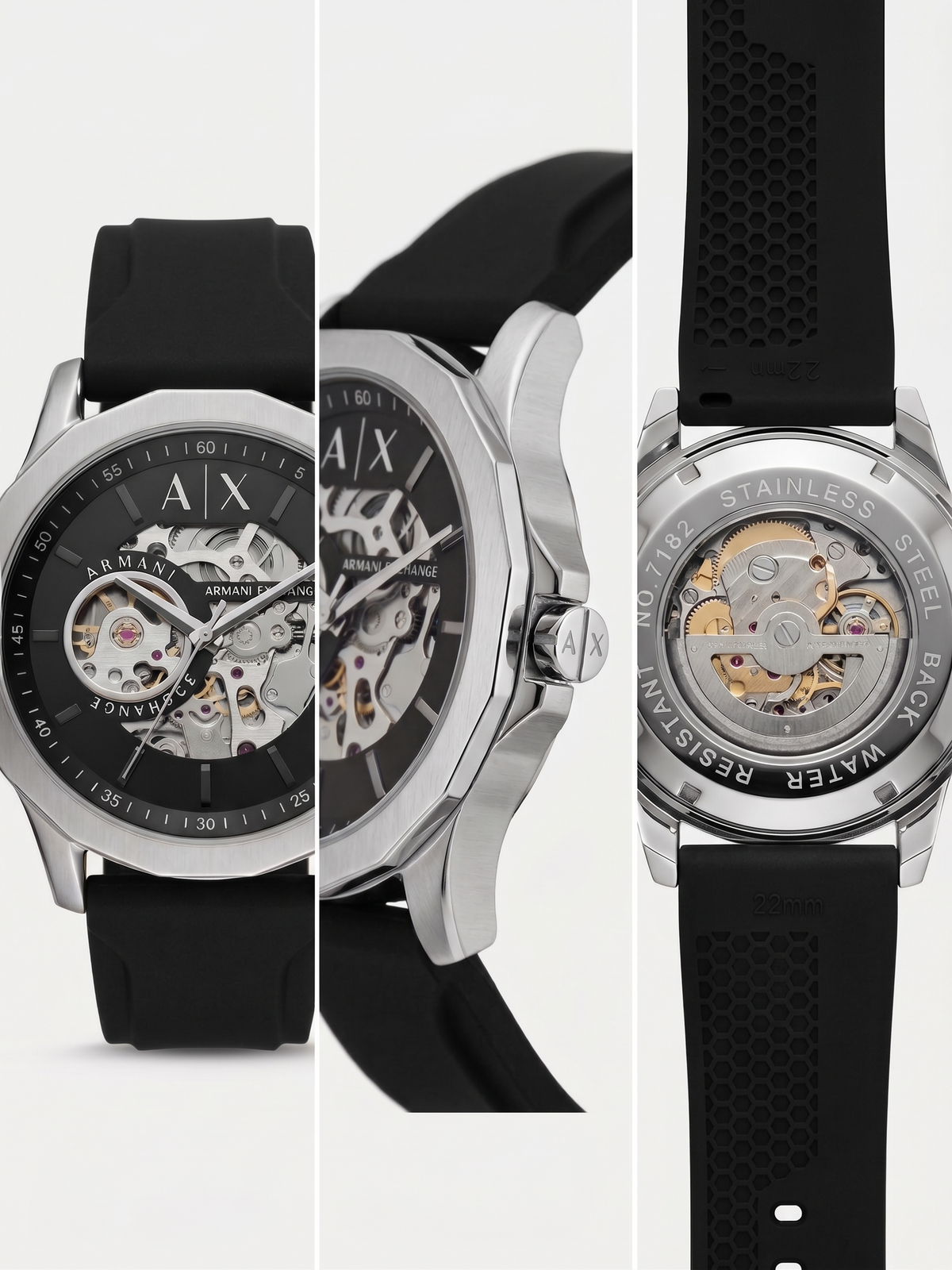 Armani Exchange Open-Heart Automatic Watch – Industrial Silver & Black Edition