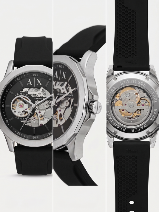 Armani Exchange Open-Heart Automatic Watch – Industrial Silver & Black Edition