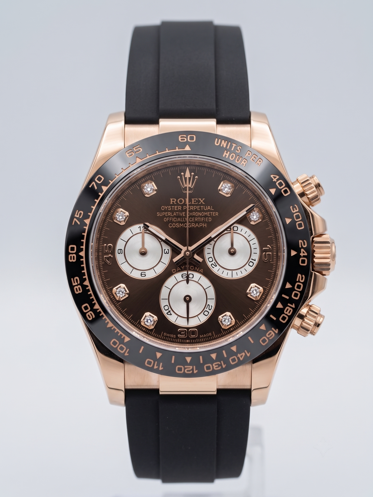 Luxury Rose Gold Chronograph Watch – Diamond Index Chocolate Dial & Black Silicone Band