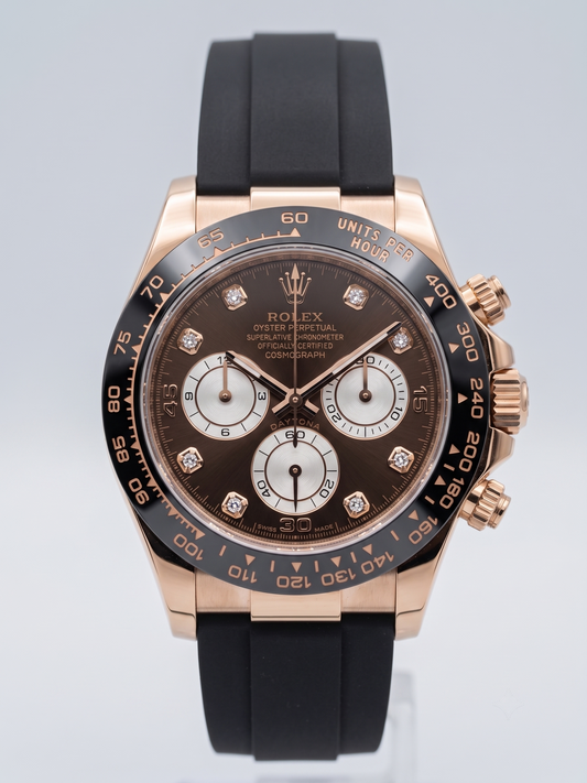Luxury Rose Gold Chronograph Watch – Diamond Index Chocolate Dial & Black Silicone Band