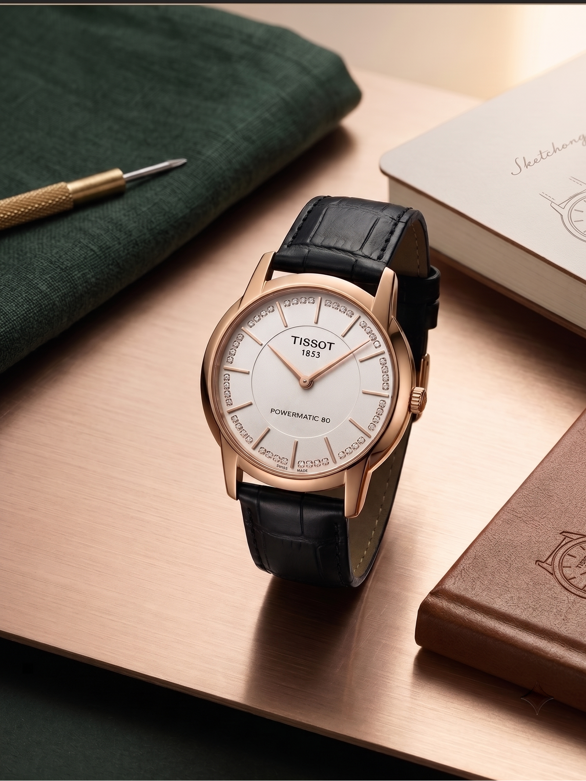 Tissot 1853 Diamond Dial Quartz Watch – Rose Gold Case & Black Leather Strap