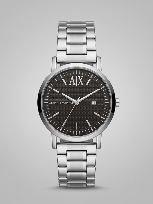 Armani Exchange Men's Quartz Watch – Textured Black Dial & Stainless Steel Bracelet