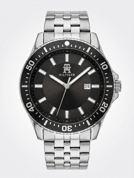 Tommy Hilfiger Men's Diver Watch – Black Textured Dial & Silver Steel Bracelet