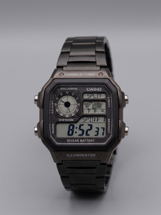 Casio AE-1200WHD "Casio Royale" World Time Digital Watch (Matte Gunmetal / Black Stainless Steel Chain)