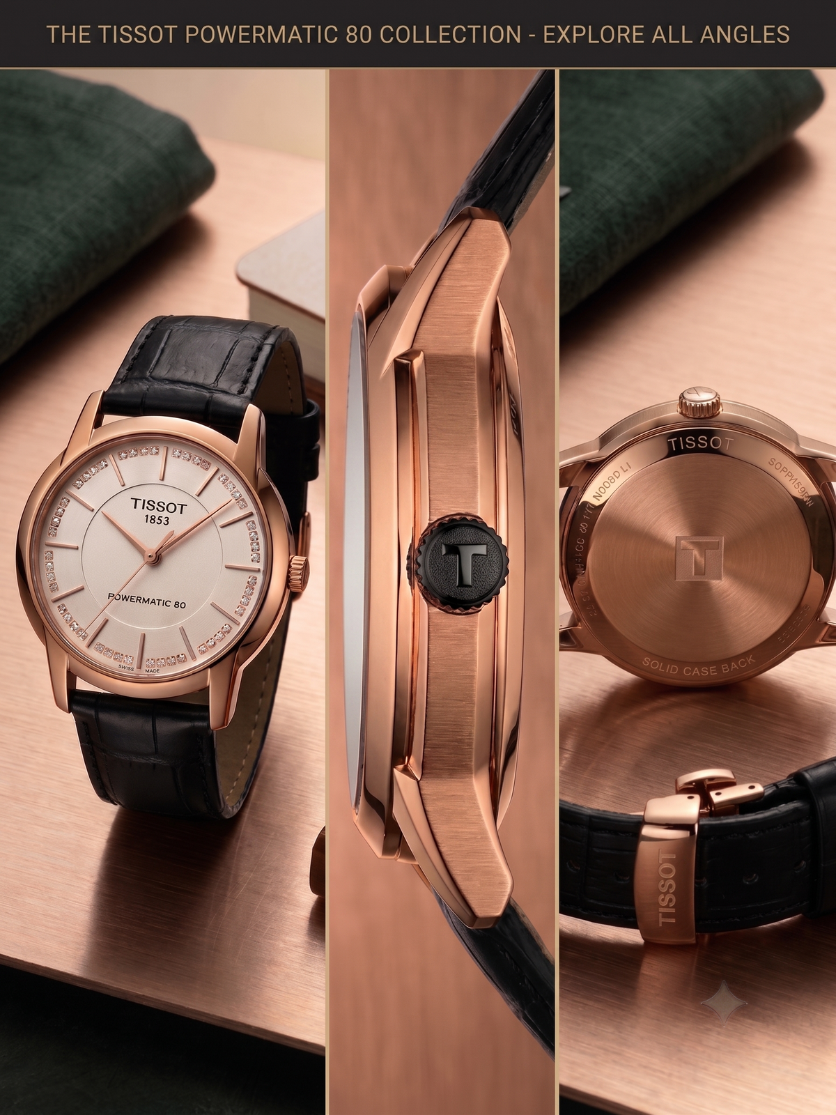 Tissot 1853 Diamond Dial Quartz Watch – Rose Gold Case & Black Leather Strap