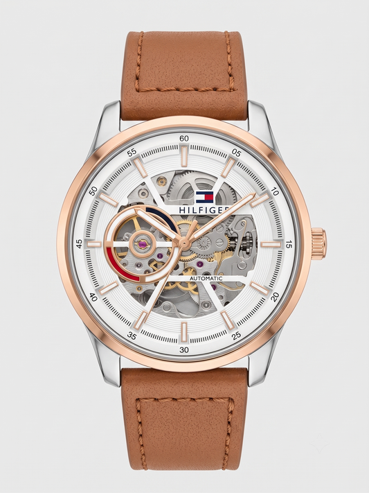 Tommy Hilfiger Classic Open-Heart Automatic Watch – Rose Gold & Leather Edition