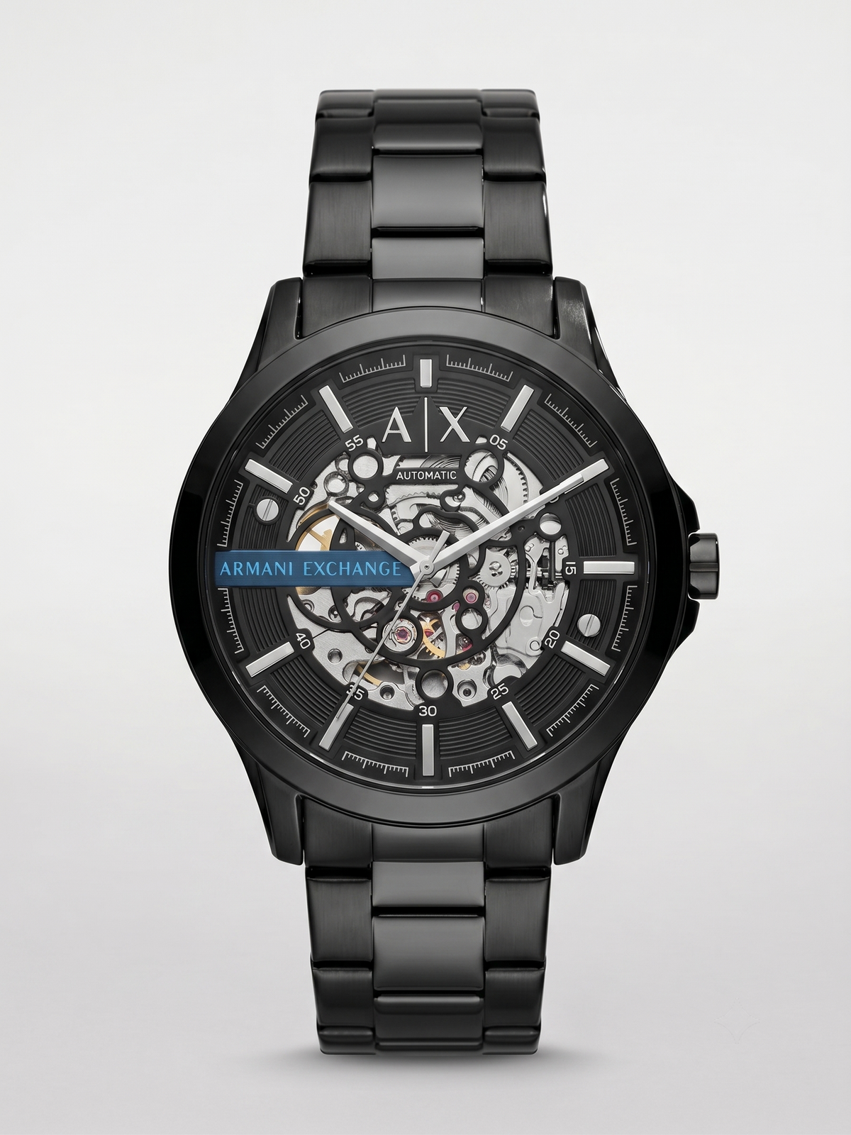 Armani Exchange Men's Skeleton Automatic Watch – All-Black Stainless Steel Bracelet