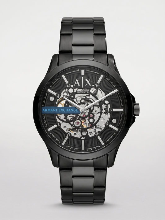 Armani Exchange Men's Skeleton Automatic Watch – All-Black Stainless Steel Bracelet
