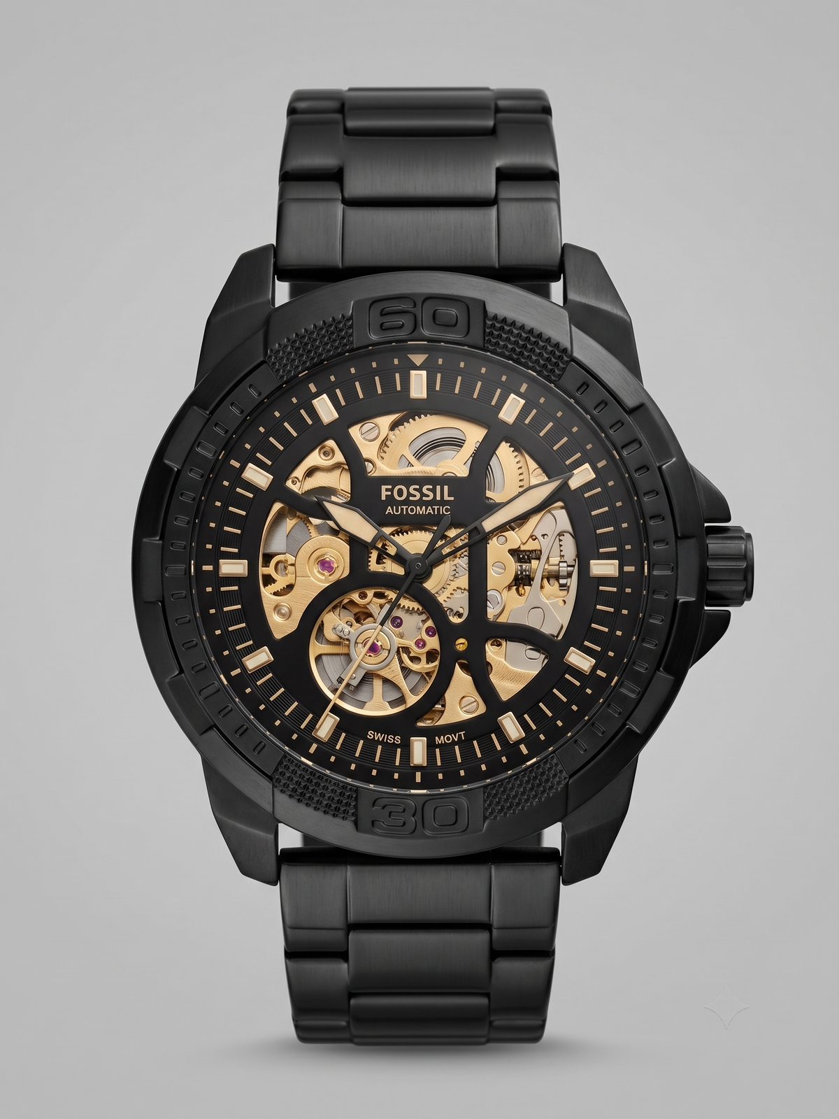 Fossil Men's Skeleton Automatic Watch – Matte Black Stainless Steel Bracelet & Gold Dial